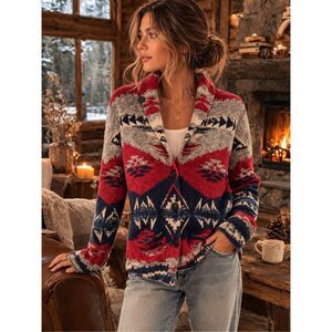 Polo Ralph Lauren Southwestern Navajo Style Shawl Collar Cotton Cardigan Red XS